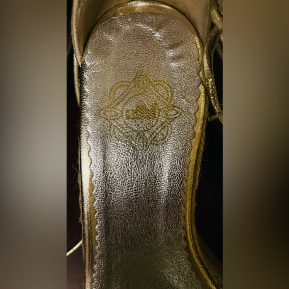 Elle Shiny gold leather sandals tie-up espadrille wedges with high platform US10 - Picture 12 of 12